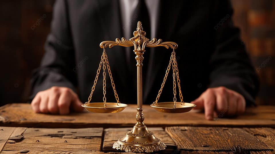 تصویر وکیل صادقیه با کت شلوار روبروی ترازو عدالت